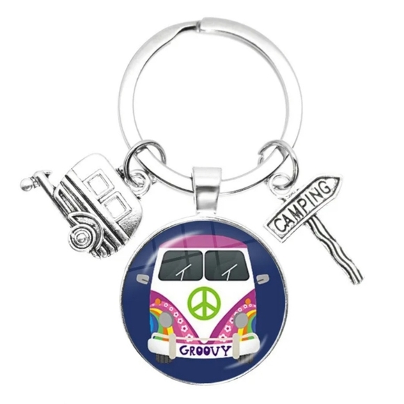 None Other - SOLD OUT- SEE OTHER COLORS Keychain Retro Van Peace Sign Groovy Magenta